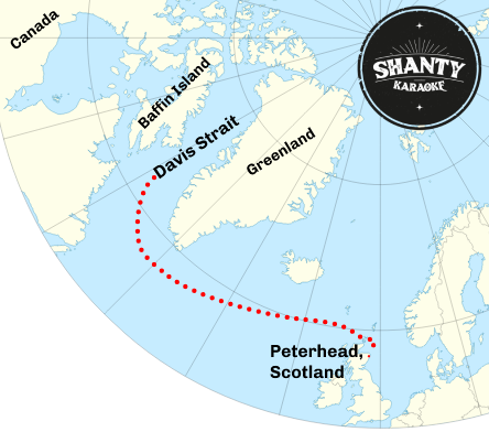 Map shows the route The Diamond took from Peterhead, Scotland up to the Davis Strait
